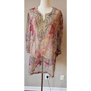 Ulla Popken Relaxed Fit Paisley Beaded Boho Sheer Tunic Women's Size 16/18 Multi